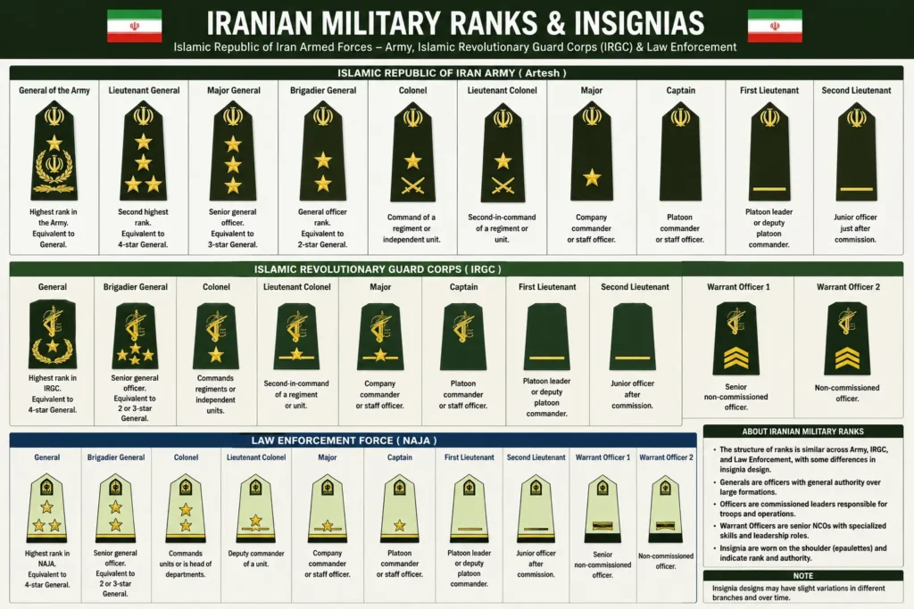 Iranian Military Ranks and Insignia Chart (Army, IRGC & Law Enforcement)